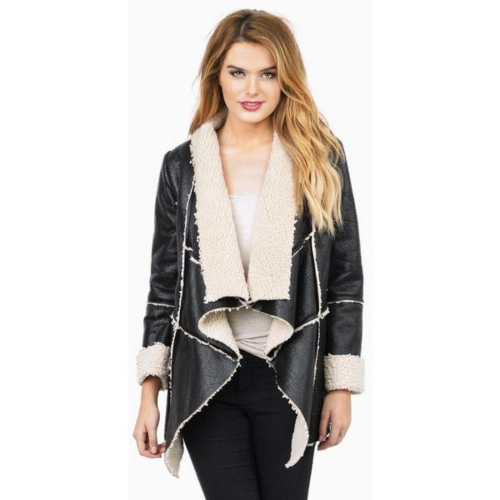 Black Faux Sherpa Drape Front Jacket